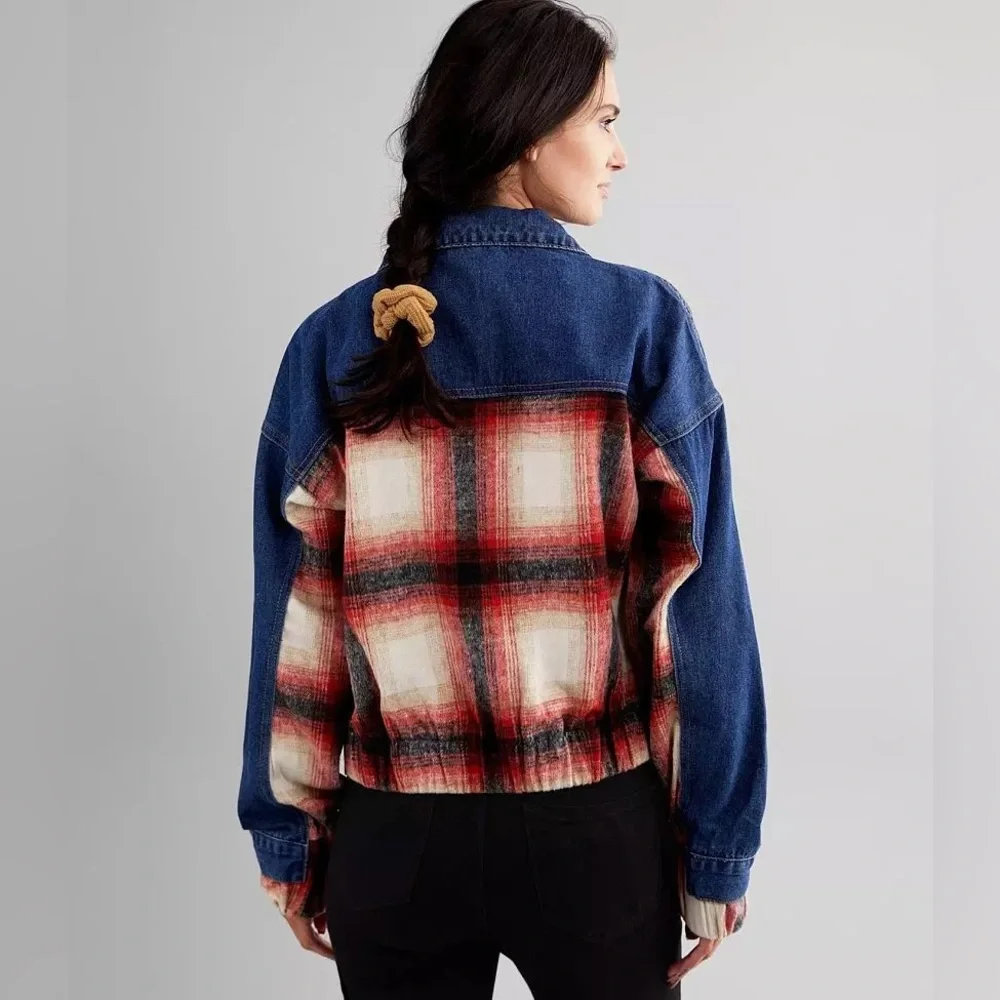 BKE Buckle Brushed Wool Blend Plaid Denim Jacket sz S - Picture 2 of 12
